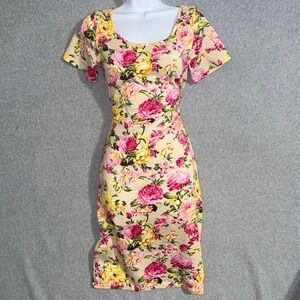 Tam Ware Women Floral Print Bodycon Dress Short Sleeve Scoop Neck Beige Pink L